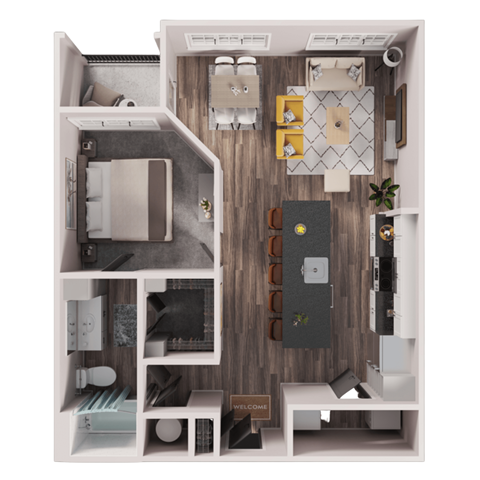 Floor plan for 1 bed, 1 bath, 864 sqft